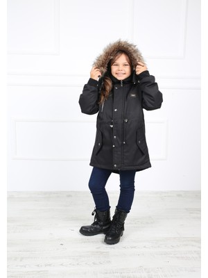 Kız Çocuk Siyah Kapüşonu Suni Kürk Peluşlu Içi Suni Kürklü Oxford Kumaş Mont Kaban