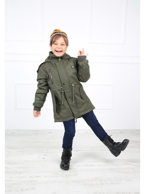 Kız Çocuk Haki Kapüşonu Suni Kürk Peluşlu Içi Suni Kürklü Oxford Kumaş Mont Kaban