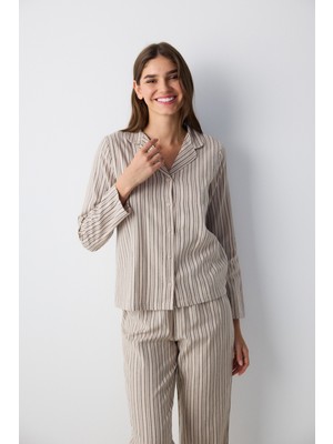 Emma Striped Gri Gömlek Pantolon Pijama Takımı