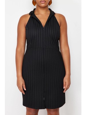 FRM Yeni Fit Casual Günlük Interlok Örme Ceket Yaka Kolsuz Kol Bodycone Mini Boy Büyük Beden Elbise