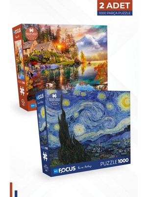 Blue Focus 2 Adet 1000 Parça Puzzle - Starry Night (Yıldızlı Gece) - Mountain Houses (Dağ Evleri)