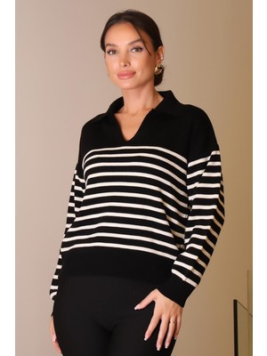 V Yaka Çizgili Uzun Kollu Siyah Kadın Kazak  6186-2K5