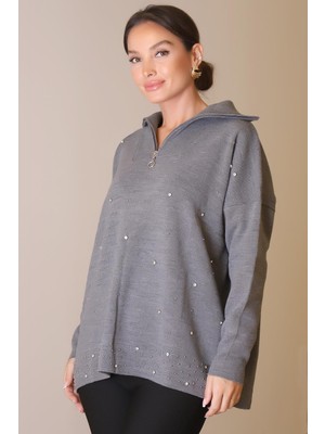 Yakası Fermuarlı Uzun Kollu Gri Kadın Kazak 5219-2K5