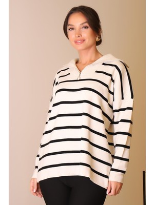 Çizgili Uzun Kollu Taş Kadın Kazak  6081-2K5