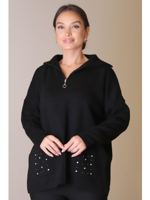 Cepleri Taş Işlemeli Siyah Kadın Kazak 5220-2K5