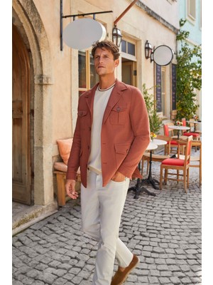 Kiremit Slim Fit Cepli Keten Pamuk Mevsimlik Safari Ceket