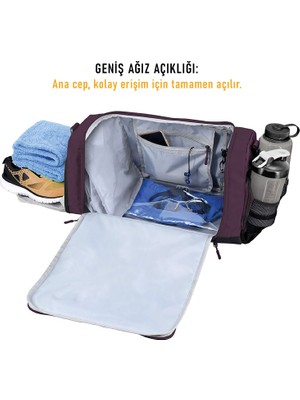 Haegs Spor Çantası, 10 Cepli, Ayakkabı Bölmeli, Seyahat Çantası, Gym, Fitness Bayan Spor Çantası Mor