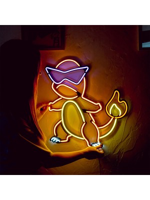 Charmander Neon Duvar Süsü | Metal Üzerine Neon Duvar Dekoru Renkli LED , 48 cm x 50.7 cm