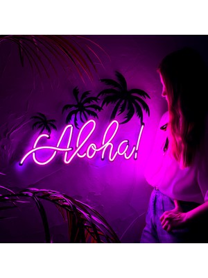 Aloha Neon Duvar Yazısı | Modern ve Şık Metal Üzerine Neon Duvar Süsü Pembe LED | 65.5 cm x 44.2 cm