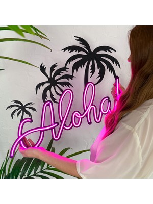 Aloha Neon Duvar Yazısı | Modern ve Şık Metal Üzerine Neon Duvar Süsü Pembe LED | 65.5 cm x 44.2 cm