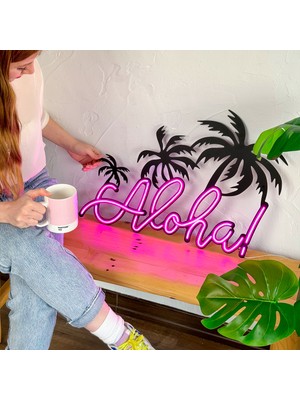 Aloha Neon Duvar Yazısı | Modern ve Şık Metal Üzerine Neon Duvar Süsü Pembe LED | 65.5 cm x 44.2 cm