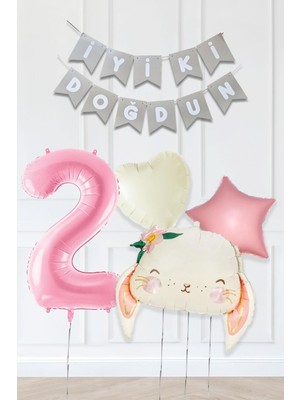 Pekshop Pembe Soft Renkler Iyi Ki Doğdun Banner Pembe Yaş Balon Tavşan Doğum Günü Balon Seti