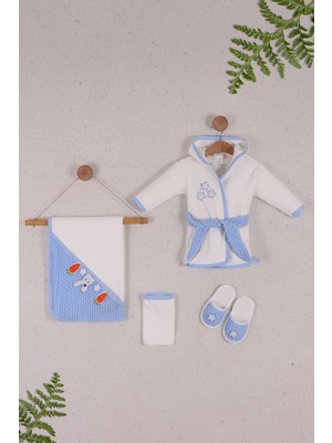 Vav Baby Vavbaby Kapüşonlu Pamuklu Erkek Bebek Bornoz Takımı Mavi Tavşanlı Havuçlu