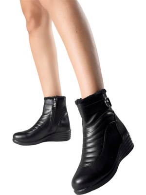 Liger Kadın Fermuarlı Kürklü Soğuk Geçirmez Hafif Kaydırmaz Taban Bot (36-42 Numara) SİYAH