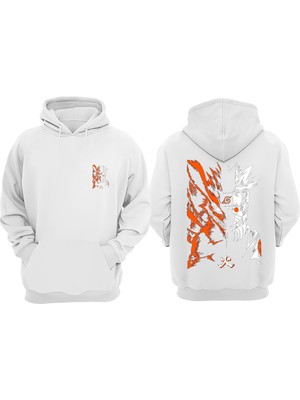 The Wert  Naruto Kurama Tasarım Ön Arka Baskılı Normal Kalıp Beyaz Sweatshirt