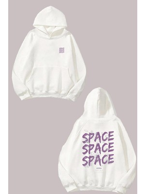 The Wert Unisex Space Ayıcık Tasarım Ön Arka Baskılı Normal Kalıp Beyaz Sweatshirt