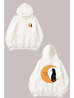 The Wert Unisex The Cat And The Moon Tasarım Ön Arka Baskılı Normal Kalıp Beyaz Sweatshirt