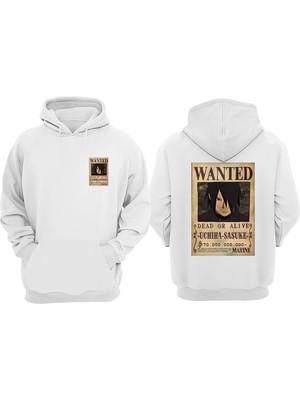 The Wert Unisex Wanted Ushıha Sasuke Tasarım Ön Arka Baskılı Normal Kalıp Beyaz Sweatshirt