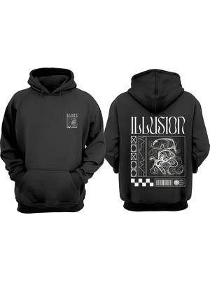 The Wert Unisex Illusıon Tasarım Ön Arka Baskılı Normal Kalıp Siyah Sweatshirt