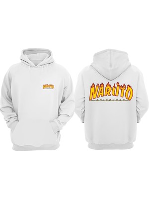 The Wert Unisex Naruto Shıppuden Tasarım Ön Arka Baskılı Normal Kalıp Beyaz Sweatshirt