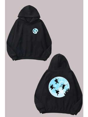 The Wert Unisex Ninja Kaplumbagalar Ayda Tasarım Ön Arka Baskılı Normal Kalıp Siyah Sweatshirt