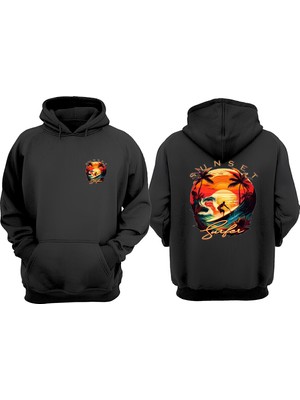 The Wert Unisex Sunset Sörf Tasarım Ön Arka Baskılı Normal Kalıp Siyah Sweatshirt