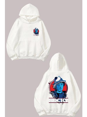 The Wert Unisex Rocky Tasarım Ön Arka Baskılı Normal Kalıp Beyaz Sweatshirt