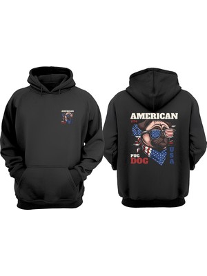 The Wert Unisex American Pug Dog Tasarım Ön Arka Baskılı Normal Kalıp Siyah Sweatshirt