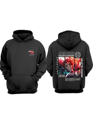 The Wert Unisex Anime Demon Slayer Tanjıro Kamano Tasarım Ön Arka Baskılı Normal Kalıp Siyah Sweatshirt