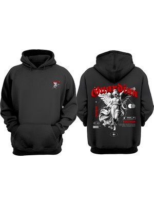 The Wert Unisex Guardian Angel Melek Tasarım Ön Arka Baskılı Normal Kalıp Siyah Sweatshirt