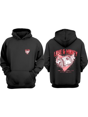 The Wert Unisex Love And Money Tasarım Ön Arka Baskılı Normal Kalıp Siyah Sweatshirt