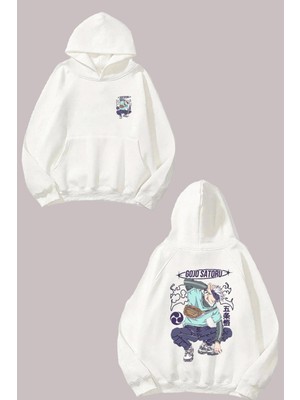 The Wert Unisex Satoru Gojo Jujutsu Kaisen Anime Tasarım Ön Arka Baskılı Normal Kalıp Beyaz Sweatshirt