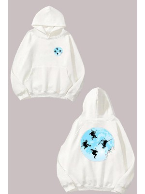 The Wert Unisex Ninja Kaplumbagalar Ayda Tasarım Ön Arka Baskılı Normal Kalıp Beyaz Sweatshirt