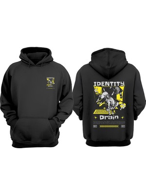 The Wert Unisex Identity Drain Tasarım Ön Arka Baskılı Normal Kalıp Siyah Sweatshirt