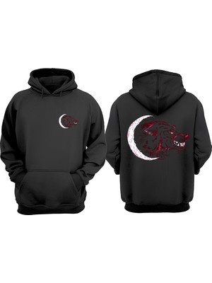 The Wert  Ay Kırmızı Köpek Tasarım Ön Arka Baskılı Normal Kalıp Siyah Sweatshirt