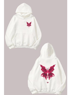 The Wert Unisex Pembe Kelebek Tasarım Ön Arka Baskılı Normal Kalıp Beyaz Sweatshirt