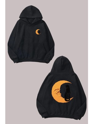 The Wert  The Cat And The Moon Tasarım Ön Arka Baskılı Normal Kalıp Siyah Sweatshirt