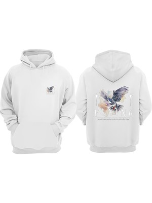 The Wert Unisex Flying Kuş Tasarım Ön Arka Baskılı Normal Kalıp Beyaz Sweatshirt