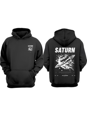 The Wert Unisex Saturn Tasarım Ön Arka Baskılı Normal Kalıp Siyah Sweatshirt