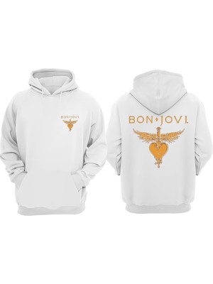 The Wert Unisex Bon Jovi Tasarım Ön Arka Baskılı Normal Kalıp Beyaz Sweatshirt