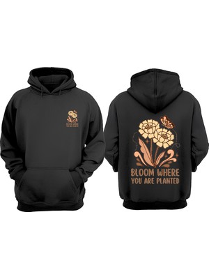 The Wert Unisex Cıcek ve Kelebek Tasarım Ön Arka Baskılı Normal Kalıp Siyah Sweatshirt