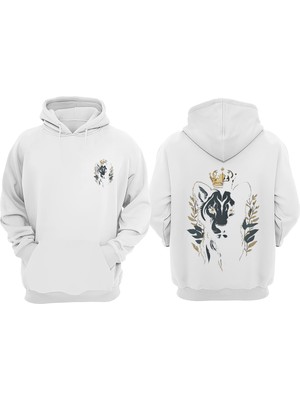 The Wert Unisex Lioness Queen Tasarım Ön Arka Baskılı Normal Kalıp Beyaz Sweatshirt