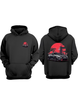 The Wert Unisex Tokyo Car Evler Tasarım Ön Arka Baskılı Normal Kalıp Siyah Sweatshirt