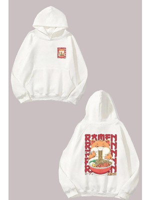The Wert Unisex Ramen Cat Tasarım Ön Arka Baskılı Normal Kalıp Beyaz Sweatshirt