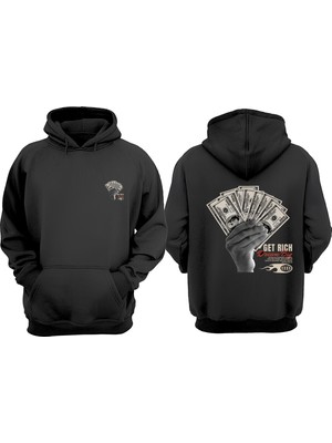 The Wert Unisex Get Rich Tasarım Ön Arka Baskılı Normal Kalıp Siyah Sweatshirt