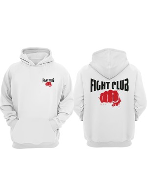 The Wert Unisex Fıght Club Yumruk Tasarım Ön Arka Baskılı Normal Kalıp Beyaz Sweatshirt