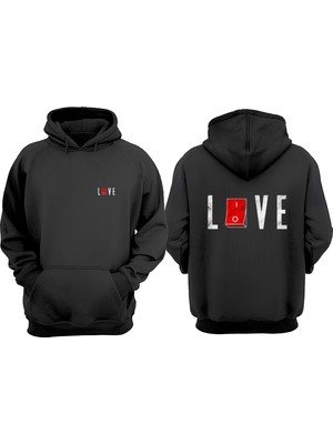 The Wert Unisex Love Düğme Tasarım Ön Arka Baskılı Normal Kalıp Siyah Sweatshirt