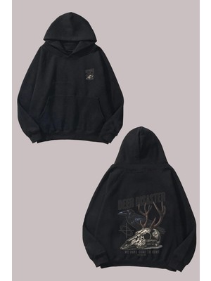 The Wert Unisex Skull Deer And Crow Tasarım Ön Arka Baskılı Normal Kalıp Siyah Sweatshirt
