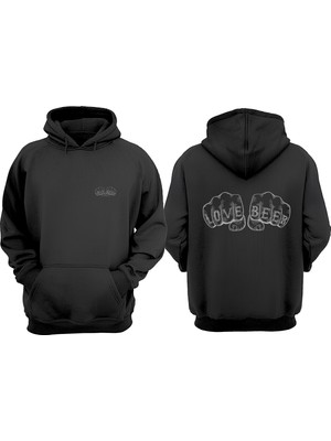 The Wert Unisex Love Beer Words Fist Tasarım Ön Arka Baskılı Normal Kalıp Siyah Sweatshirt