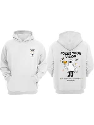 The Wert Unisex Focus Your Vision Tasarım Ön Arka Baskılı Normal Kalıp Beyaz Sweatshirt
